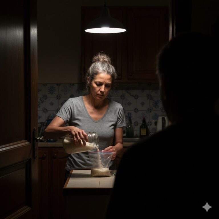 Cada noche, cuando todos dormían, escuchaba pasos suaves en la cocina. Una vez me levanté sin hacer ruido y la vi abrir el bote de aceite, sacar un poco de arroz, luego una pizca de sal, y guardarlo en una pequeña bolsa de plástico.