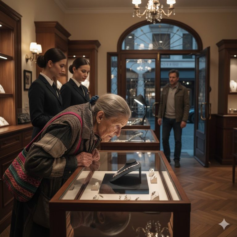 Una mujer mayor, con el cabello desordenado, las manos arrugadas y la ropa manchada de tierra, entró lentamente a una joyería del centro. Caminaba arrastrando unas sandalias desgastadas, apretando contra su pecho una pequeña bolsita de tela bordada.
