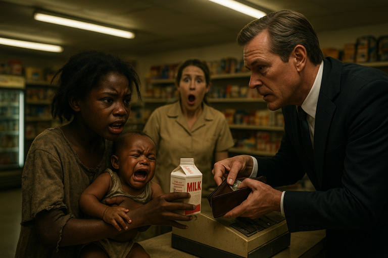 “Te prometo que te lo pagaré cuando crezca”, le rogó la niña negra a un millonario por una cajita de leche para su hermanito recién nacido que lloraba de hambre; la respuesta del hombre sorprendió a todos…