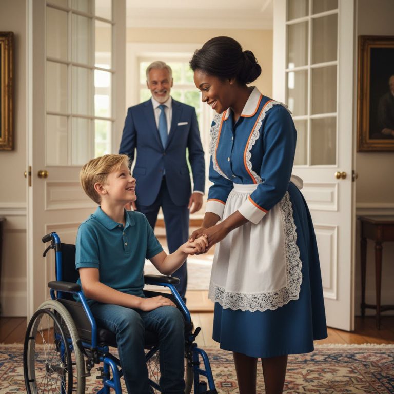 Toda la mansión contuvo el aliento cuando el solitario multimillonario entró y vio a su silencioso hijo, postrado en silla de ruedas, meciéndose suavemente en brazos de la criada. Lo que sucedió después fue algo que nadie podría haber predicho.