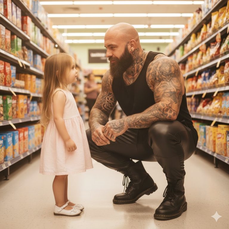 La fillette de six ans, muette, a couru se réfugier dans les bras d’un gigantesque biker chez Walmart — et ce qui s’est passé ensuite a stupéfié tout le monde dans le magasin.
