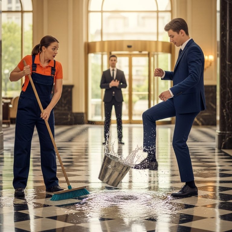 El hijo del dueño humilló a la mujer que trapeaba el piso sin imaginar que ella decidiría su futuro frente a toda la empresa.