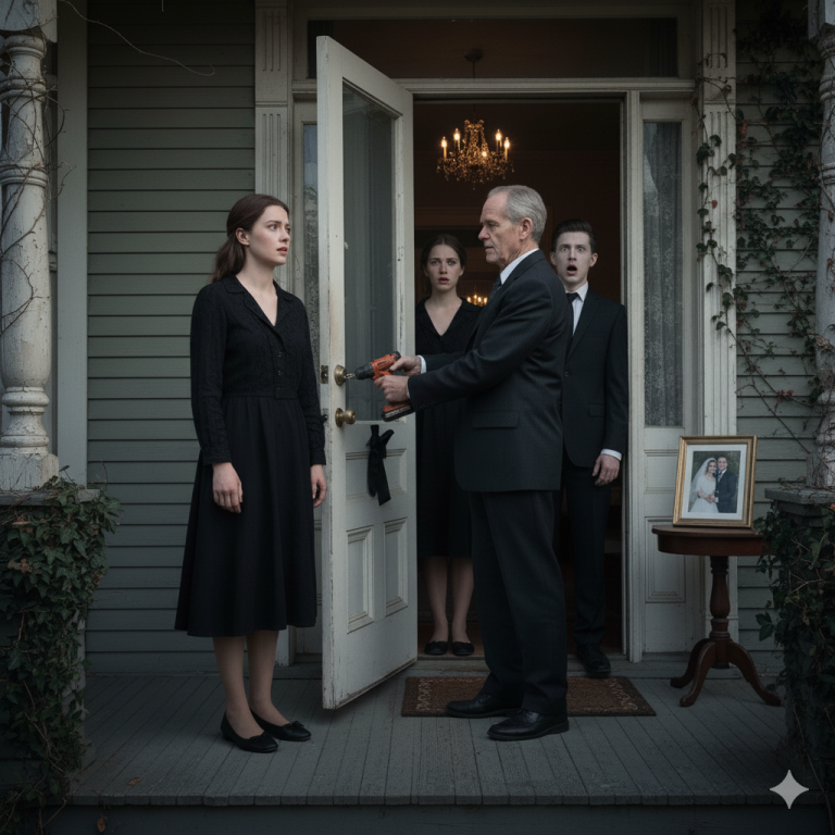 Le matin après les funérailles de mon mari, je suis rentrée à la maison et j’ai trouvé mon beau-père en train de changer les serrures. « Seuls des parents bien placés vivent ici », annonça-t-il froidement. Je l’ai regardé et j’ai murmuré une phrase qui a fait pâlir le visage de toute sa famille.