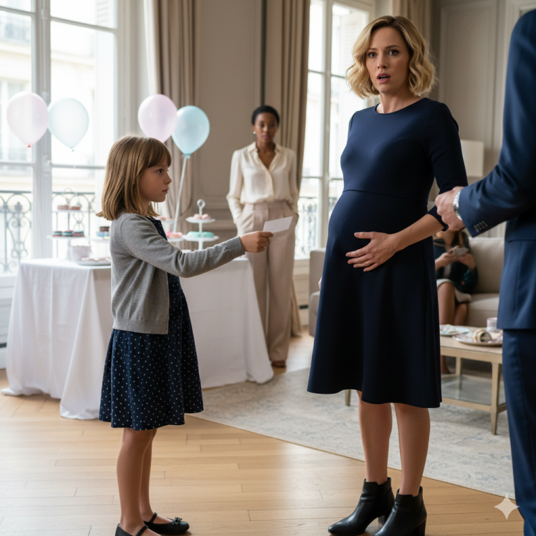 Ma famille a organisé une fête surprise pour le nouveau bébé de mon frère — mais elle ne nous l’a jamais dit, ni à moi ni à ma fille. Quand nous sommes passés avec un cadeau, ma mère a dit : « Tu n’as pas ta place ici. » Ma fille a juste souri et chuchoté : « C’est pour ça que l’avocat de papa est avec nous. » La pièce est devenue silencieuse.