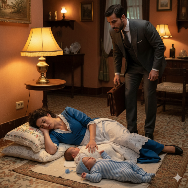 El millonario entró a medianoche — y se quedó paralizado al ver a la empleada doméstica dormida junto a sus gemelos….