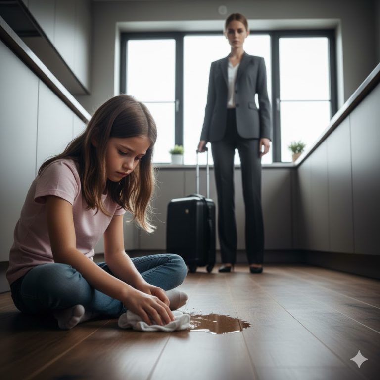 Volví de viaje un día antes… y encontré a mi hija de nueve años sola en casa, de rodillas en la cocina, fregando el suelo con un trapo porque mis suegros pensaban que “necesitaba ser castigada”.