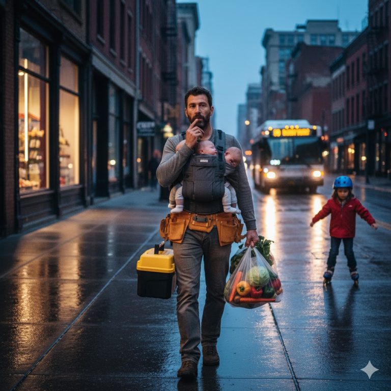Ce n’était qu’un père épuisé, rentrant chez lui à pied, une boîte à outils dans une main, les courses dans l’autre, et deux nourrissons sanglés contre sa poitrine, après que leur mère les avait abandonnés.