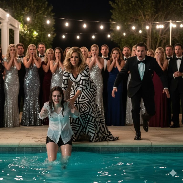 Una pobre camarera fue empujada a la piscina mientras todos se reían de ella — hasta que un millonario entró e hizo algo que dejó a todos sin palabras…