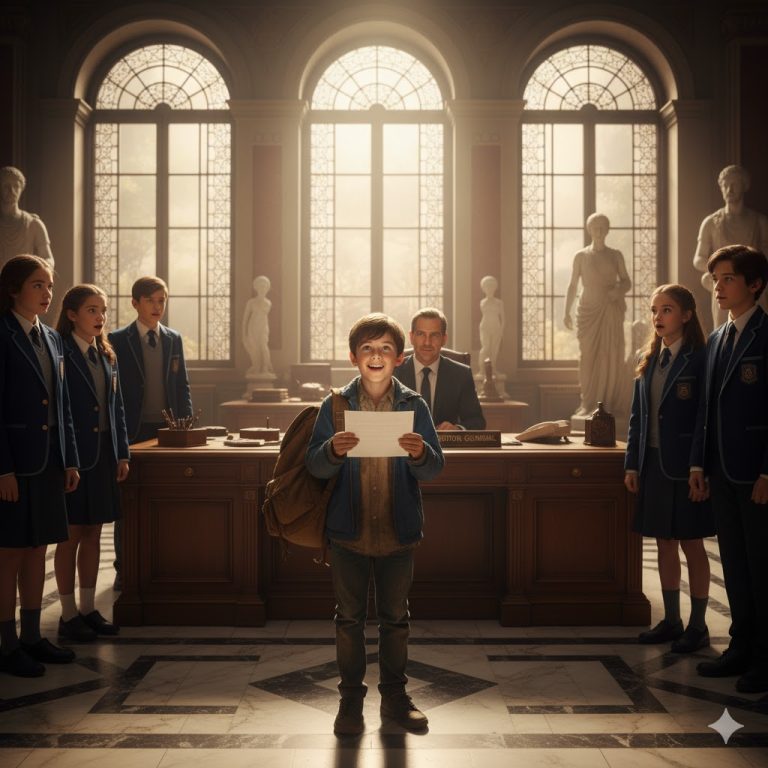 “El niño recolector de basura es aceptado en una escuela de élite — nadie imagina que su padre es el dueño del colegio.”